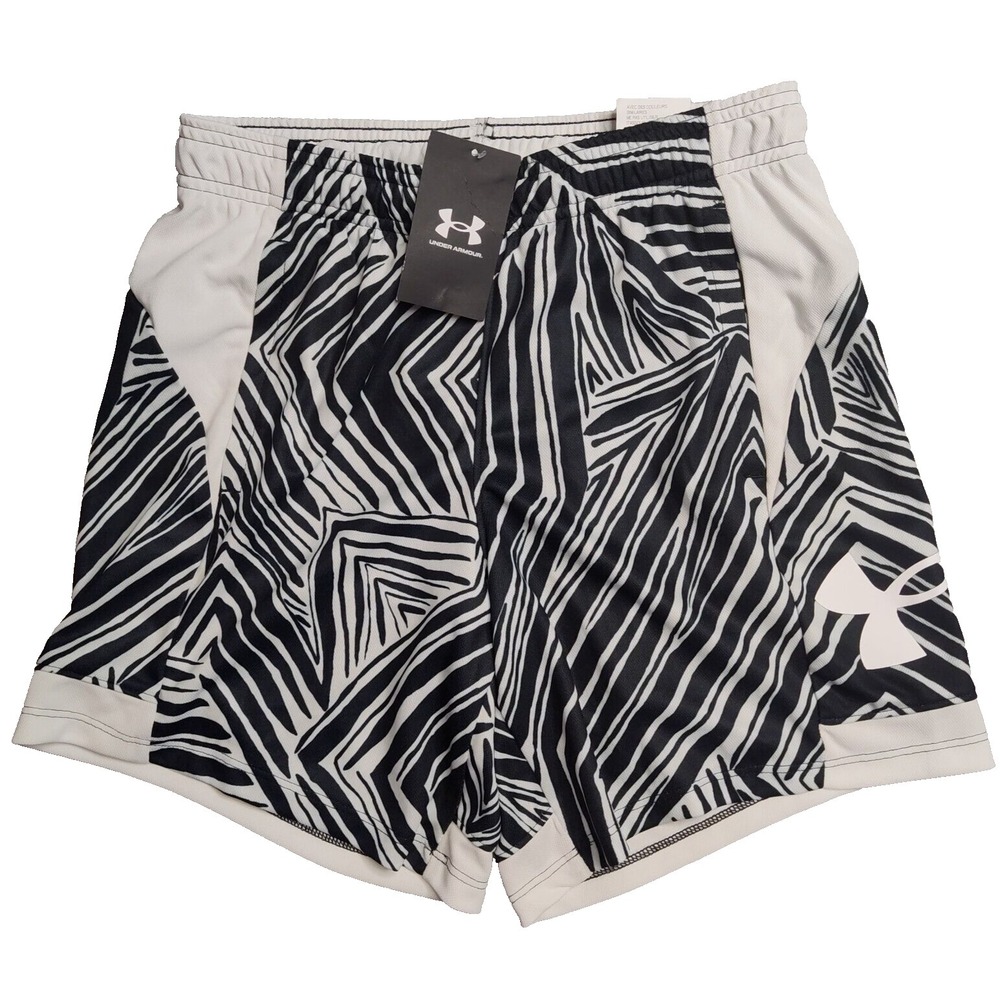 UNDER ARMOUR Women XS Black White Abstract Base Line Loose Fit 6.5" Shorts NEW‎